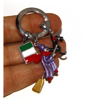 RMB|Portachiavi uomo donna Befana con scopa volante gatto nero smalto a fuoco realizzato a mano , tutto Argento 925 amuleto