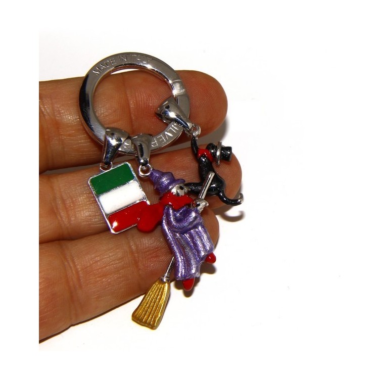 RMB|Portachiavi uomo donna Befana con scopa volante gatto nero smalto a fuoco realizzato a mano , tutto Argento 925 amuleto