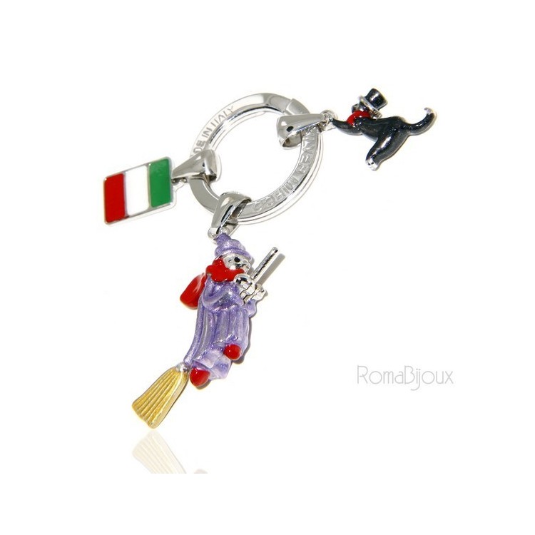 RMB|Portachiavi uomo donna Befana con scopa volante gatto nero smalto a fuoco realizzato a mano , tutto Argento 925 amuleto