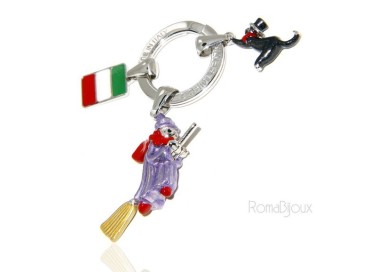 RMB|Portachiavi uomo donna Befana con scopa volante gatto nero smalto a fuoco realizzato a mano , tutto Argento 925 amuleto