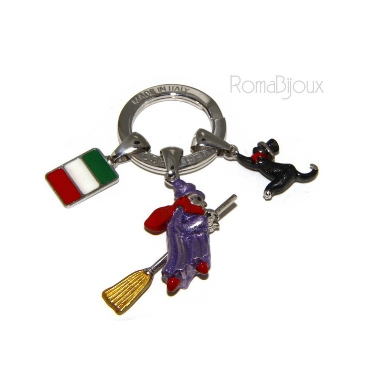 RMB|Portachiavi uomo donna Befana con scopa volante gatto nero smalto a fuoco realizzato a mano , tutto Argento 925 amuleto