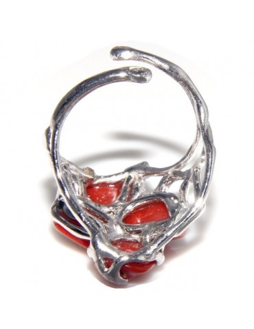 925: woman adjustable ring handmade with natural red coral star