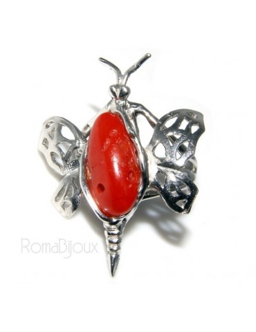 Argento 925 : Anello donna farfalla realizzato a mano con gemma di corallo rosso naturale 17