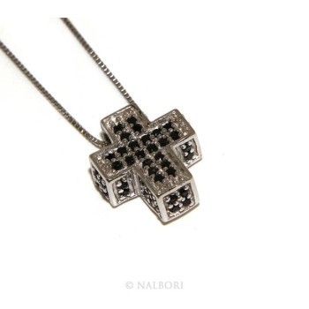 RMB|925: Necklace Collier man woman Venetian 45 cm in 3D and cross studded with zirconia black