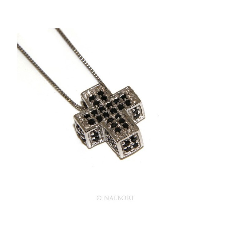 RMB|Argento 925 : Collana Collier uomo donna veneziana 45 cm e croce 3D a pavè di zirconi nero