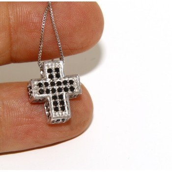 RMB|Argento 925 : Collana Collier uomo donna veneziana 45 cm e croce 3D a pavè di zirconi nero