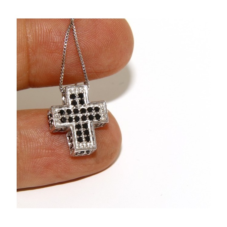 RMB|Argento 925 : Collana Collier uomo donna veneziana 45 cm e croce 3D a pavè di zirconi nero