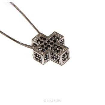 RMB|925: Necklace Collier man woman Venetian 45 cm in 3D and cross studded with zirconia black