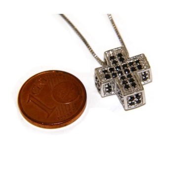 RMB|Argento 925 : Collana Collier uomo donna veneziana 45 cm e croce 3D a pavè di zirconi nero