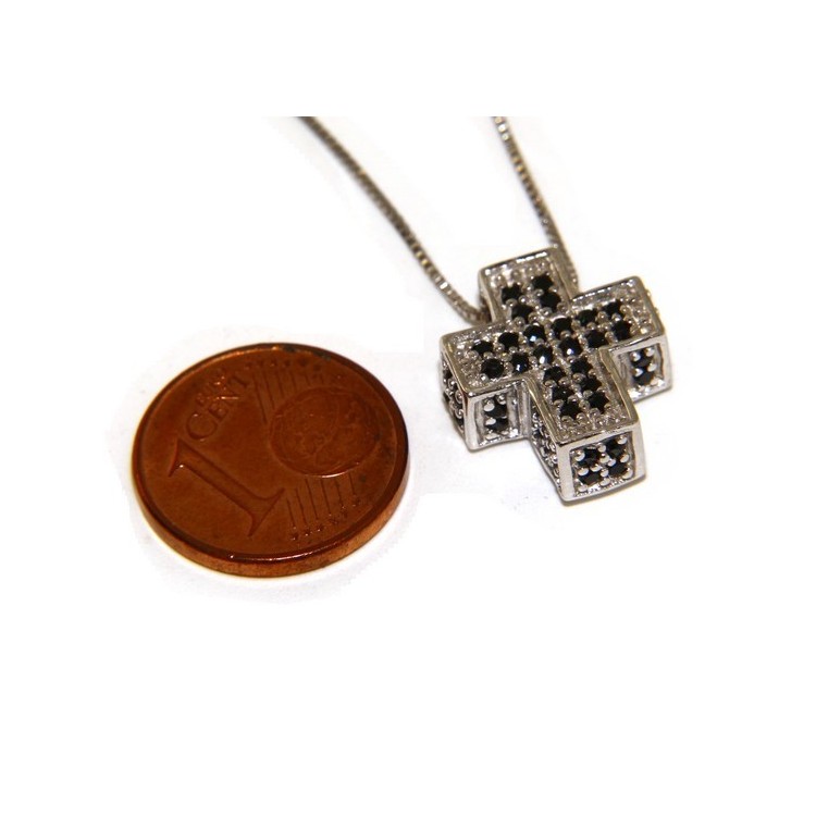 RMB|925: Necklace Collier man woman Venetian 45 cm in 3D and cross studded with zirconia black