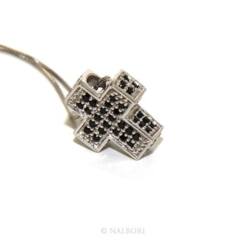 RMB|925: Necklace Collier man woman Venetian 45 cm in 3D and cross studded with zirconia black