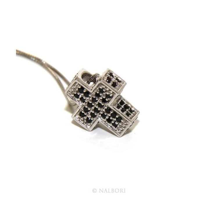 RMB|Argento 925 : Collana Collier uomo donna veneziana 45 cm e croce 3D a pavè di zirconi nero