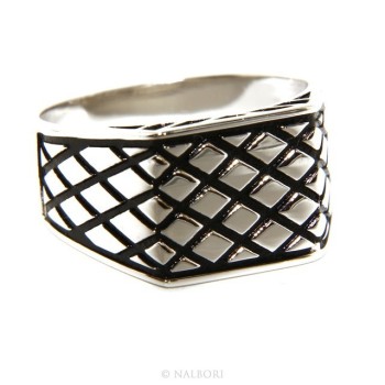 RMB|Ring Silver 925 Men's rectangular shield diamond pattern black ribbed