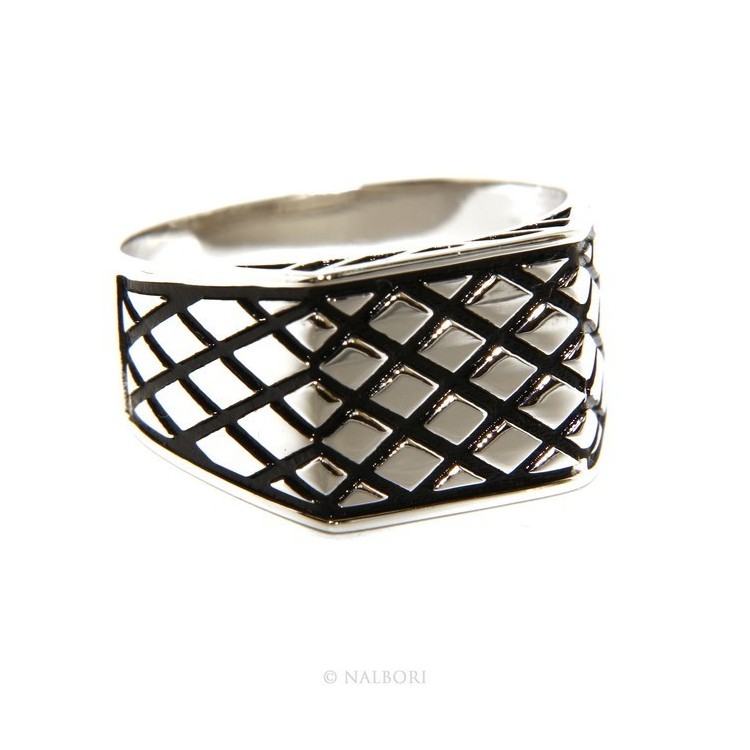 RMB|Anello Argento 925 da uomo scudo rettangolare rombi rigato nero
