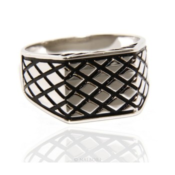 RMB|Ring Silver 925 Men's rectangular shield diamond pattern black ribbed