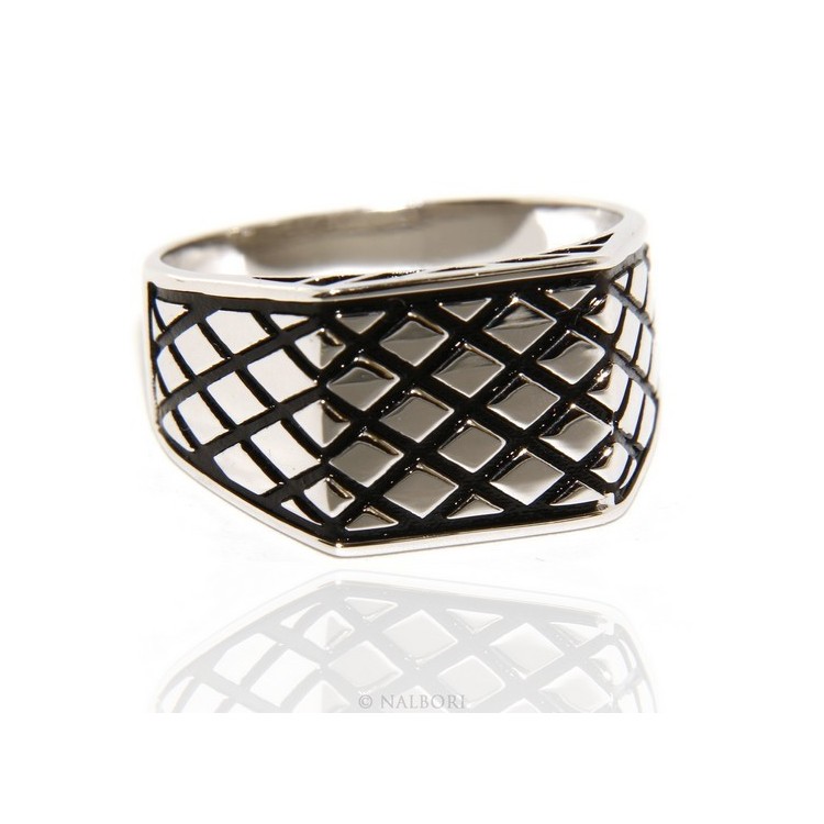 RMB|Anello Argento 925 da uomo scudo rettangolare rombi rigato nero