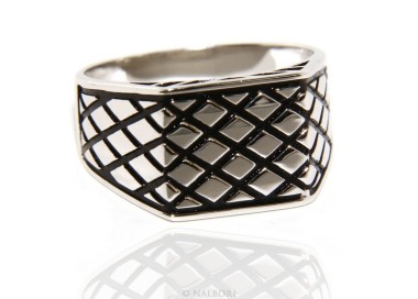 RMB|Ring Silver 925 Men's rectangular shield diamond pattern black ribbed