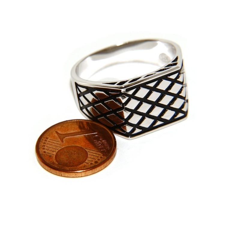 RMB|Ring Silver 925 Men's rectangular shield diamond pattern black ribbed