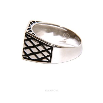 RMB|Anello Argento 925 da uomo scudo rettangolare rombi rigato nero