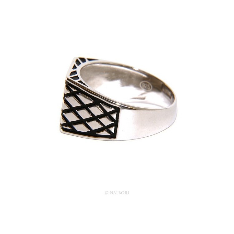 RMB|Anello Argento 925 da uomo scudo rettangolare rombi rigato nero