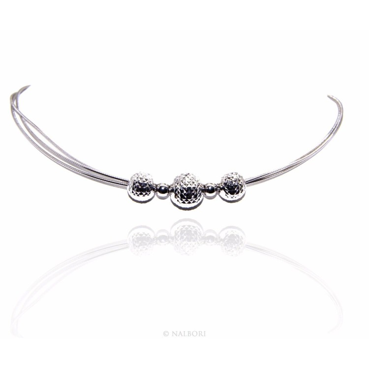 RMB|925 silver choker necklace with 3 omega strands with graduated diamond spheres
