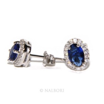 RMB|Argento 925 : orecchini donna stud bottone oval pietra zirconia cubica blu blue sapphire bluette 6x8