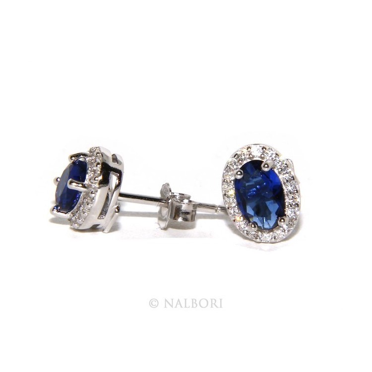 RMB|Argento 925 : orecchini donna stud bottone oval pietra zirconia cubica blu blue sapphire bluette 6x8