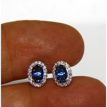 RMB|925: Women button stud earrings oval stone blue cubic zirconia blue cornflower blue sapphire 6x8