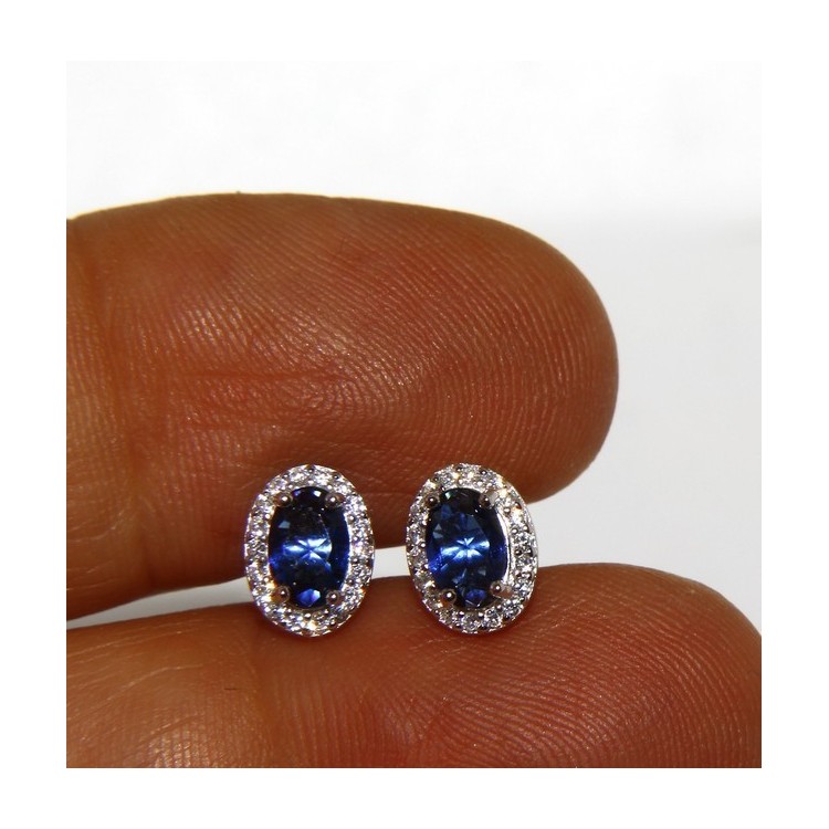 RMB|Argento 925 : orecchini donna stud bottone oval pietra zirconia cubica blu blue sapphire bluette 6x8