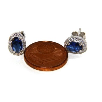 RMB|925: Women button stud earrings oval stone blue cubic zirconia blue cornflower blue sapphire 6x8