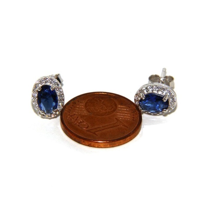 RMB|925: Women button stud earrings oval stone blue cubic zirconia blue cornflower blue sapphire 6x8