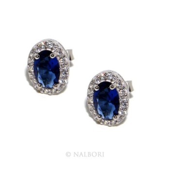 RMB|925: Women button stud earrings oval stone blue cubic zirconia blue cornflower blue sapphire 6x8