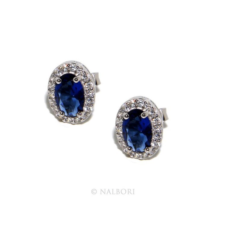 RMB|Argento 925 : orecchini donna stud bottone oval pietra zirconia cubica blu blue sapphire bluette 6x8
