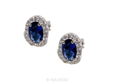RMB|925: Women button stud earrings oval stone blue cubic zirconia blue cornflower blue sapphire 6x8