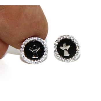RMB|925: pair of earrings 10mm black onyx circle man woman button zirconia and angel