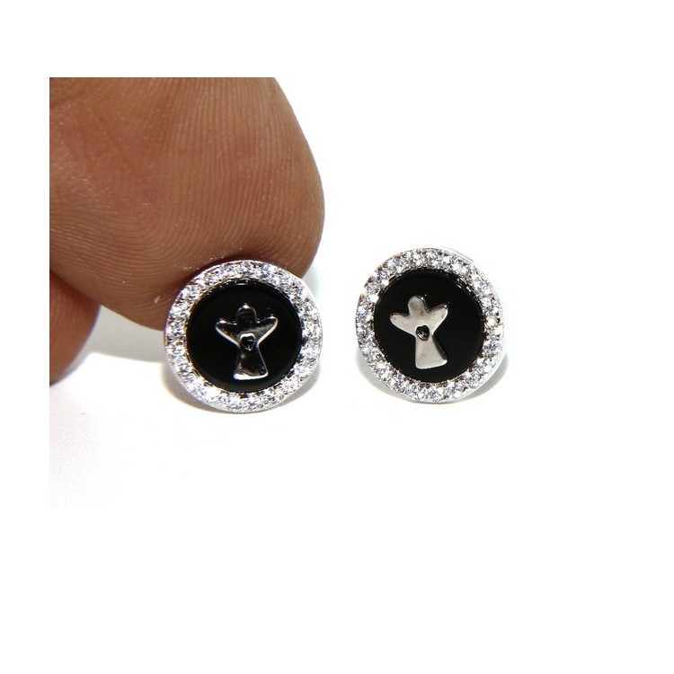 RMB|925: pair of earrings 10mm black onyx circle man woman button zirconia and angel