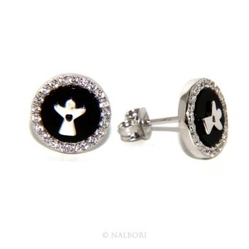 RMB|925: pair of earrings 10mm black onyx circle man woman button zirconia and angel