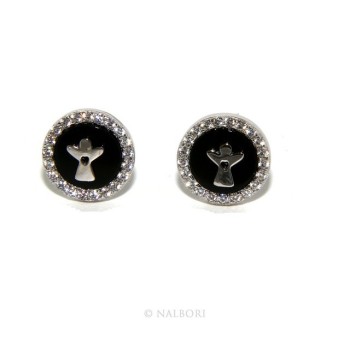 RMB|925: pair of earrings 10mm black onyx circle man woman button zirconia and angel