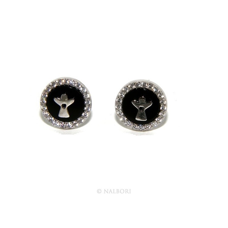 RMB|925: pair of earrings 10mm black onyx circle man woman button zirconia and angel