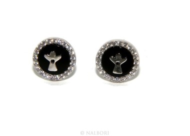 RMB|Argento 925 : coppia di orecchini 10mm uomo donna bottone onice cerchio nero pavè zirconi e angelo