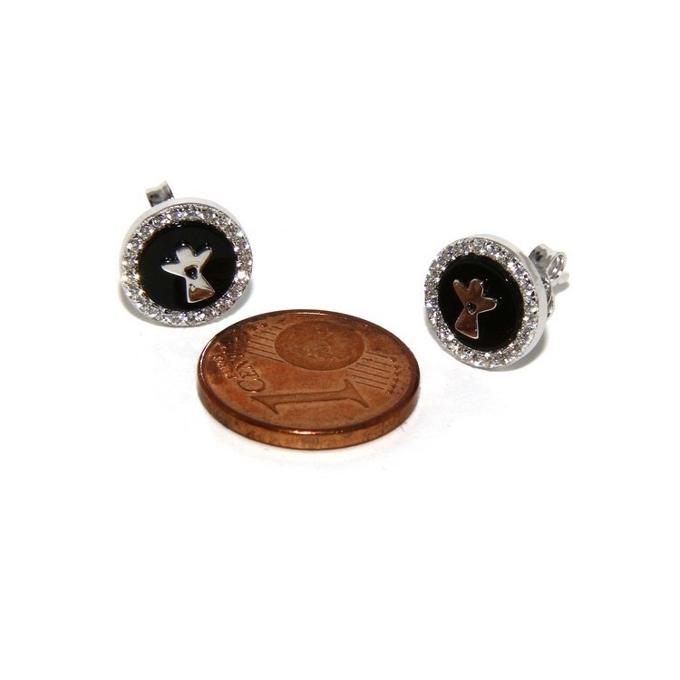 RMB|Argento 925 : coppia di orecchini 10mm uomo donna bottone onice cerchio nero pavè zirconi e angelo
