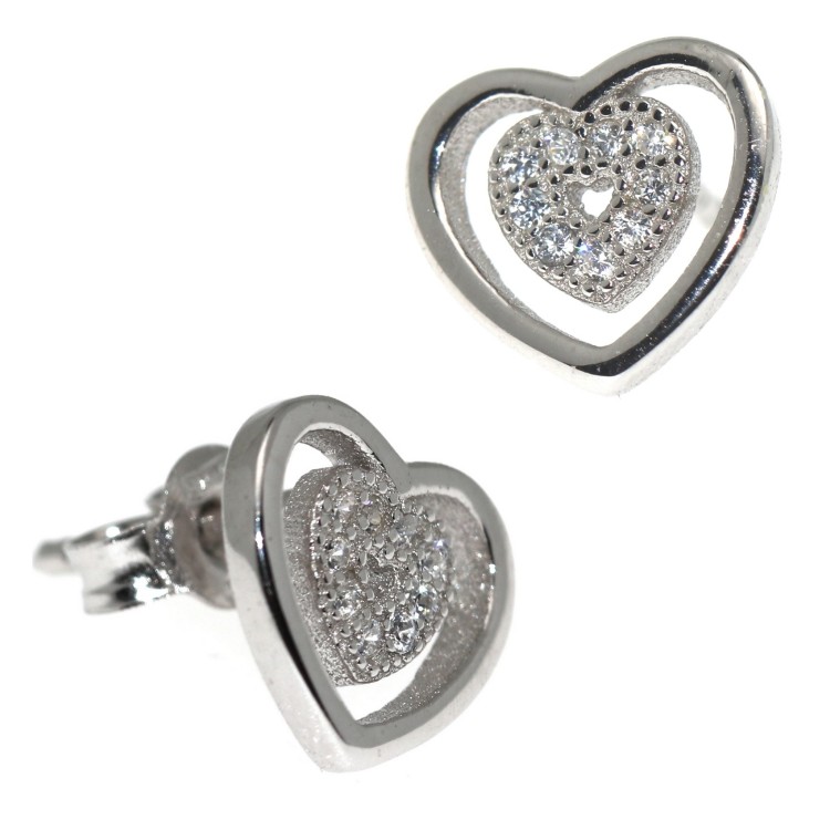RMB|orecchini cuore doppio argento 925 punto luce pavè zircone bianco donna NALBORI