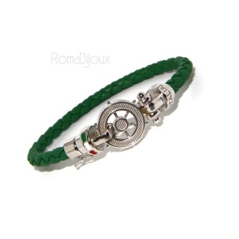 RMB|SILVER 925: big man leather bracelet with rudder and serigraphs made in italy green