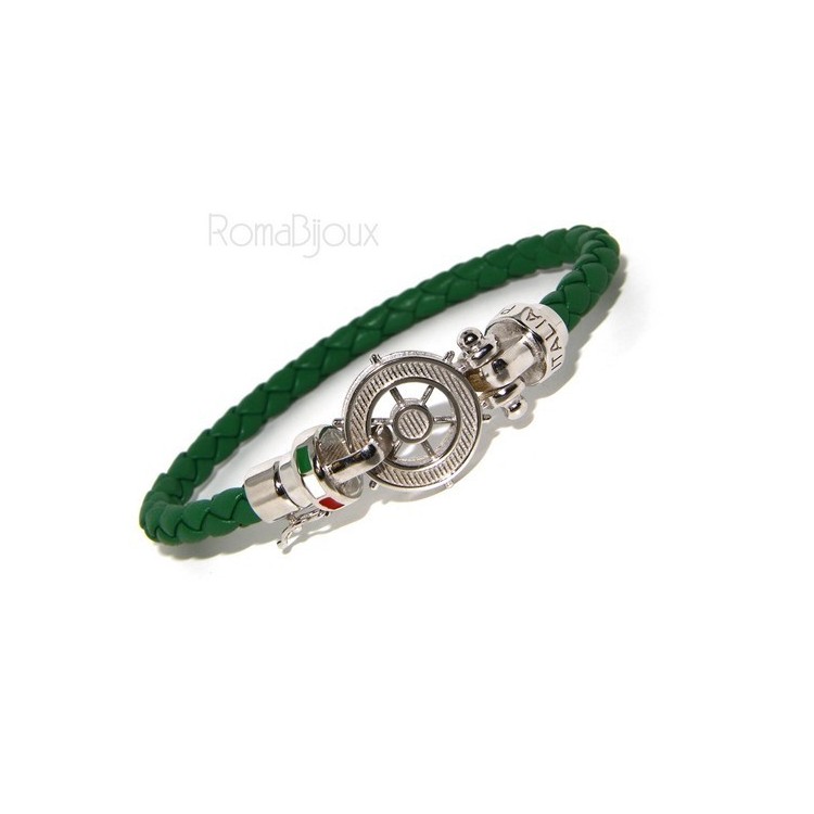 RMB|ARGENTO 925 : Bracciale uomo massiccio pelle con timone e serigrafie made in italy verde
