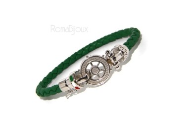 RMB|SILVER 925: big man leather bracelet with rudder and serigraphs made in italy green
