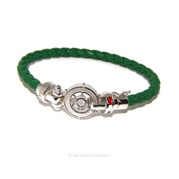 RMB|SILVER 925: big man leather bracelet with rudder and serigraphs made in italy green