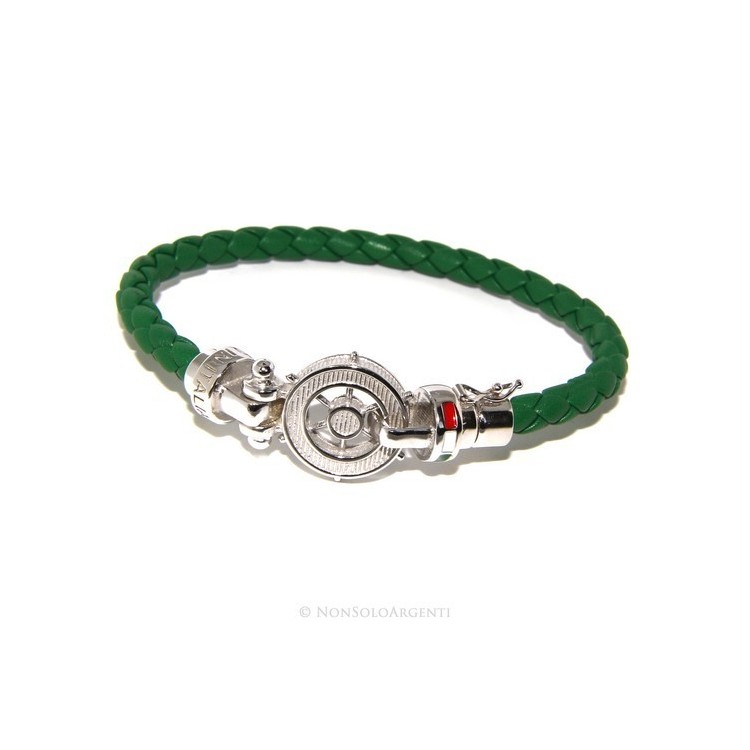 RMB|SILVER 925: big man leather bracelet with rudder and serigraphs made in italy green