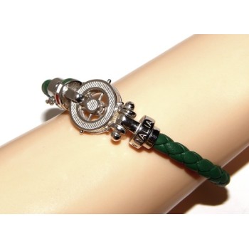 RMB|SILVER 925: big man leather bracelet with rudder and serigraphs made in italy green