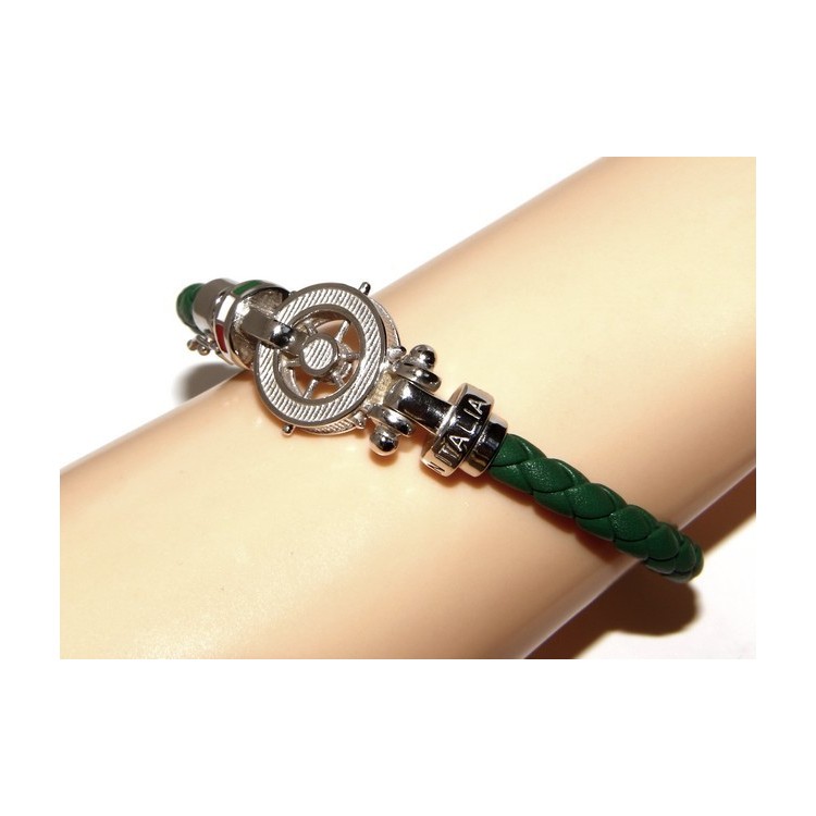 RMB|SILVER 925: big man leather bracelet with rudder and serigraphs made in italy green