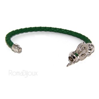RMB|ARGENTO 925 : Bracciale uomo massiccio pelle con timone e serigrafie made in italy verde